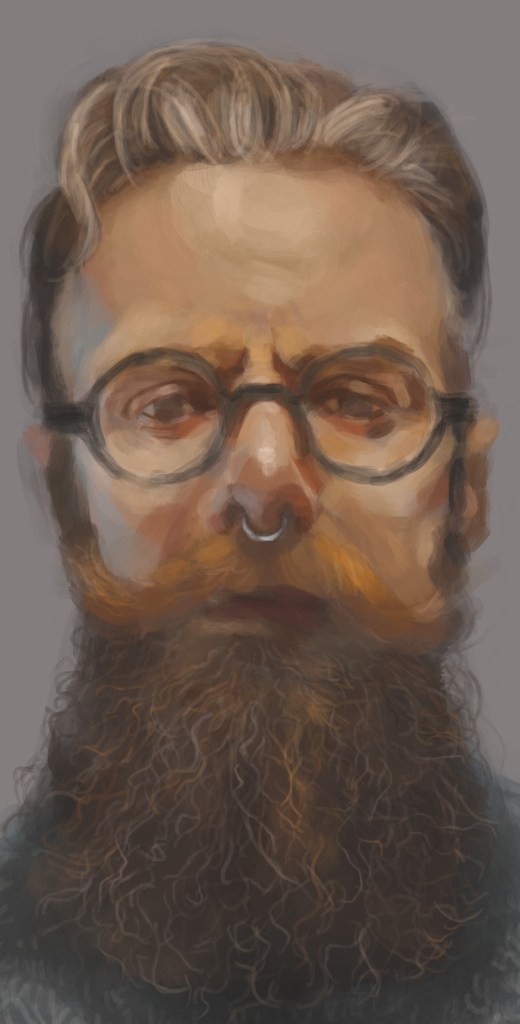 iPad painting of a man with beard and circular glasses. He has a small silver ring through his nose